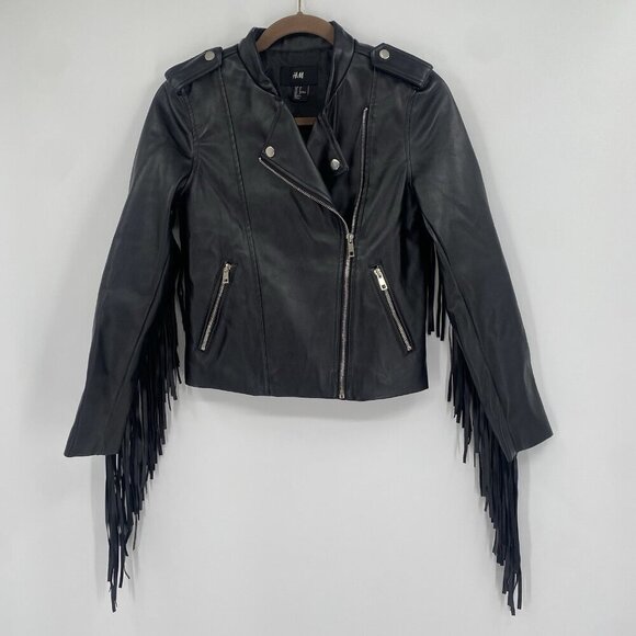 H&M Size 4 Black Faux Leather Brando Style Jacket With Fringes Western Boho - Picture 1 of 12